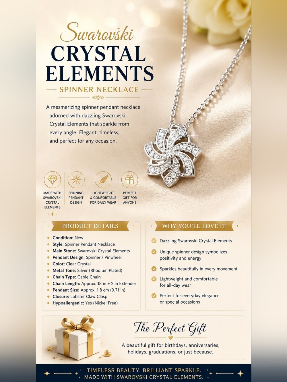 Crystal Elements Spinner Pendant Necklace - Silver Clear Crystal